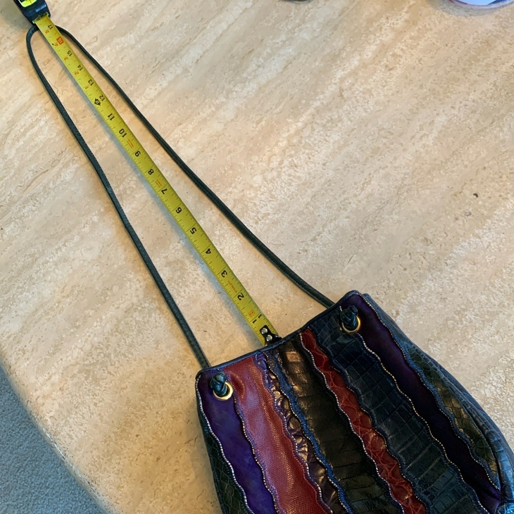 SHARIF vintage shoulder bag, strips of leather & suede, navy, maroon, purple VTG - Picture 15 of 17